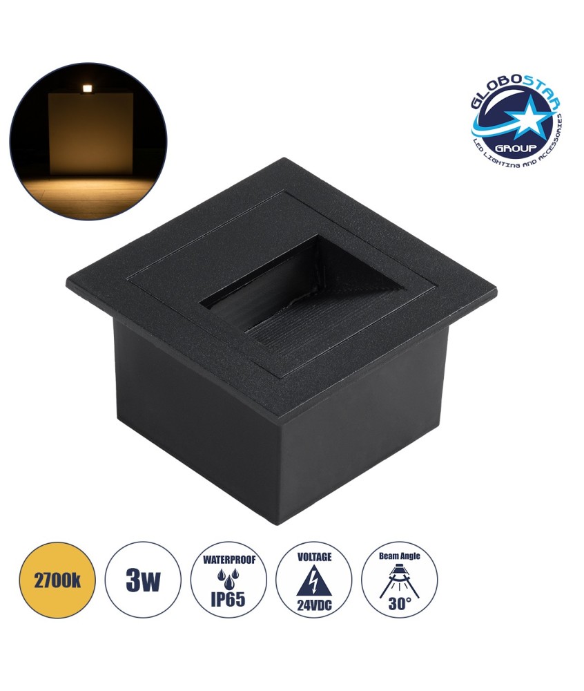 GLOBOSTAR® STEP-MINA 90625 Χωνευτό Αρχιτεκτονικό Φωτιστικό Διαδρόμου-Σκαλοπατιού LED 3W 330lm 30° DC 24V Αδιάβροχο IP65 Θερμό Λευκό 2700K Dimmable - Μαύρο - Μ8.3 x Π8.3 x Υ5cm - Q6.6cm - 3 Χρόνια Εγγύηση